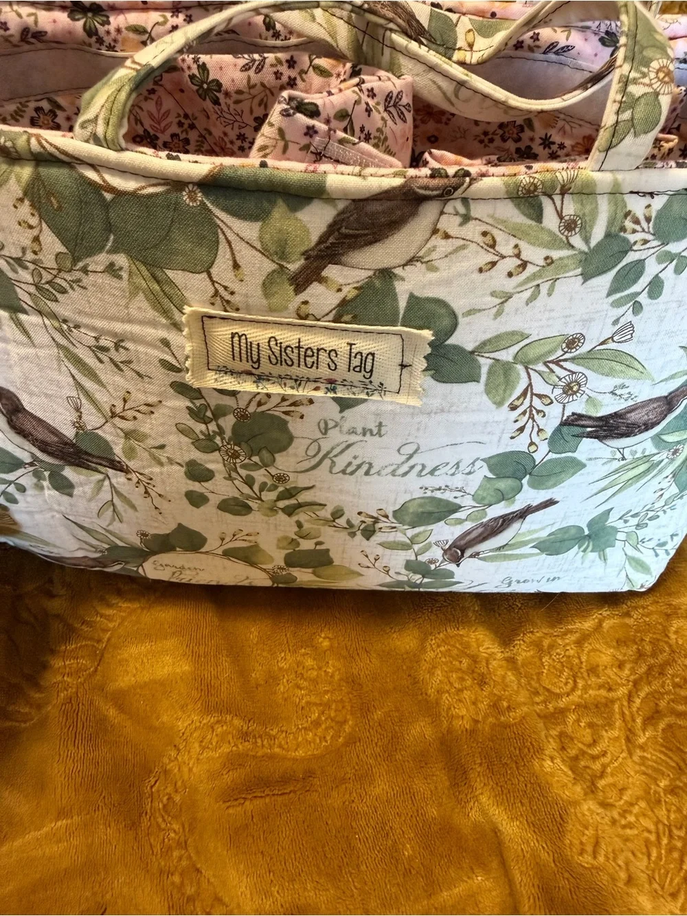 Botanical Bird Print Tote Bag in Green and Brown